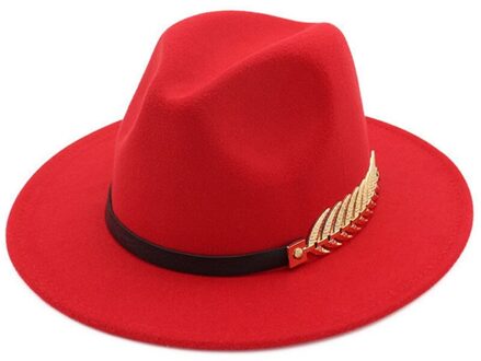 Unisex Ondiepe Top Wollen Muts Britse Stijl Bladgoud Veer Jazz Grote Rand Vilten Hoed rood