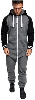 Unisex Pure Kleur Splicing Herfst Winter Casual Hoodie Print Rits Print Jumpsuit Комбинезоны Пижамы Сплошные Мужские # T1G grijs / XXL