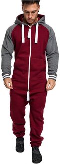Unisex Pure Kleur Splicing Herfst Winter Casual Hoodie Print Rits Print Jumpsuit Комбинезоны Пижамы Сплошные Мужские # T1G rood / XL