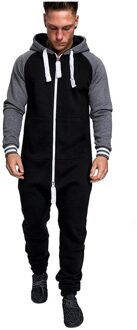 Unisex Pure Kleur Splicing Herfst Winter Casual Hoodie Print Rits Print Jumpsuit Комбинезоны Пижамы Сплошные Мужские # T1G zwart / XL