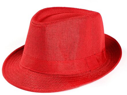 Unisex Trilby Gangster Cap Strand Zon Strooien Hoed Band Zonnehoed Klassieke Effen Kleur Vilt Fedora Hoed Vintage Gangster Outdoor hoed rood