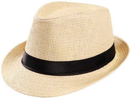 Unisex Trilby Gangster Cap Strand Zon Strooien Hoed Band Zonnehoed Zon Straw Hat Voor Vrouwen Mannen Zomer Strand Beige