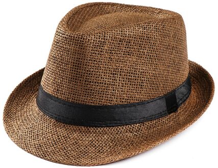 Unisex Trilby Gangster Cap Strand Zon Strooien Hoed Band Zonnehoed Zon Straw Hat Voor Vrouwen Mannen Zomer Strand koffie
