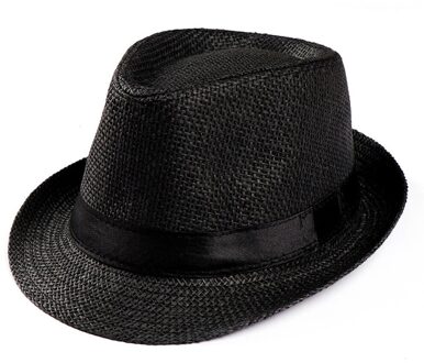 Unisex Trilby Gangster Cap Strand Zon Strooien Hoed Band Zonnehoed Zon Straw Hat Voor Vrouwen Mannen Zomer Strand zwart