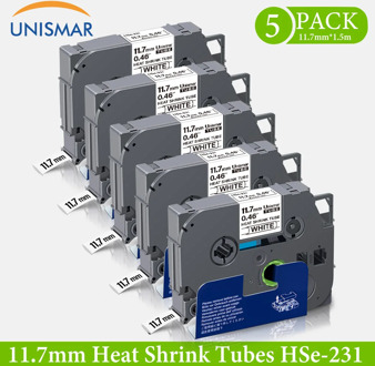 Unismar 5PK HSe-231 11.7m*1.5m Heat Shrink Tube Tape Label Maker for Brother PT-E300 PT-H300 PT-E300VP PT-E500 E500VP PT-E550W