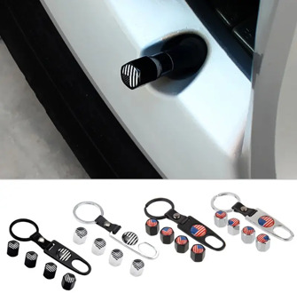 Universal Car Tire Valve Stem Cap American Flag Decal Air Dust Cover with Keychain Wrench Car Tire Accessories