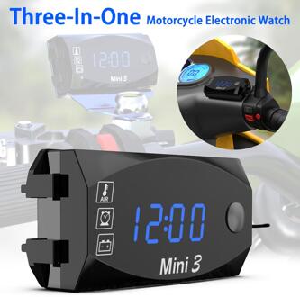 Universal Motorcycle Elektronische Klok Thermometer Voltmeter Drie-In-een Waterdicht Stofdicht Voltmeter Led Digitale Display Blauw