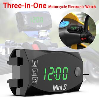 Universal Motorcycle Elektronische Klok Thermometer Voltmeter Drie-In-een Waterdicht Stofdicht Voltmeter Led Digitale Display groen