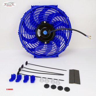 Universele 12 Inch 12V 80W 2100 Rpm Rechte Zwarte Blade Elektrische Koeler Fan Kit + De Ventilator frame 12 inches blauw