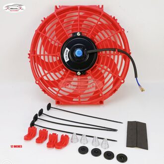 Universele 12 Inch 12V 80W 2100 Rpm Rechte Zwarte Blade Elektrische Koeler Fan Kit + De Ventilator frame 12 inches rood