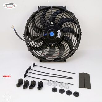 Universele 12 Inch 12V 80W 2100 Rpm Rechte Zwarte Blade Elektrische Koeler Fan Kit + De Ventilator frame 12 inches zwart