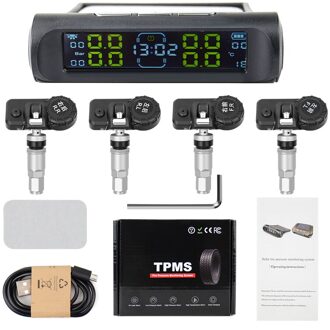 Universele Tpms Draadloze Bandenspanningscontrolesysteem Zonne-energie Klok Lcd Display 4 Externe Sensor Bandenspanning Sensoren intern CLOCK