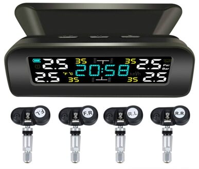 Universele Tpms Draadloze Bandenspanningscontrolesysteem Zonne-energie Klok Lcd Display 4 Externe Sensor Bandenspanning Sensoren intern