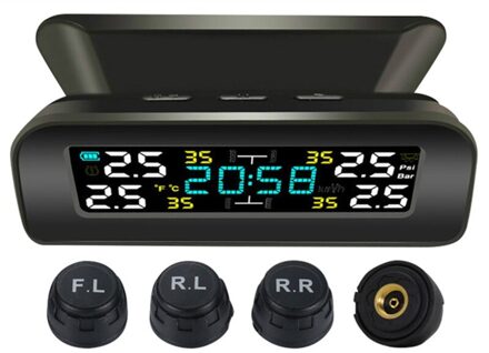 Universele Tpms Draadloze Bandenspanningscontrolesysteem Zonne-energie Klok Lcd Display 4 Externe Sensor Bandenspanning Sensoren