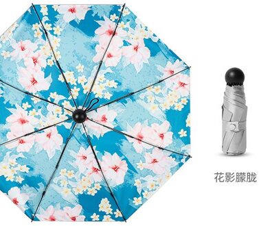 UPF50 + Mini Paraplu 8 Ribben Draagbare Vijf opvouwbare Paraplu UV Bloem Paraplu Regen Vrouw Parasol Titanium Zon paraguas bloem stijl blauw
