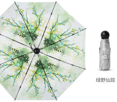 UPF50 + Mini Paraplu 8 Ribben Draagbare Vijf opvouwbare Paraplu UV Bloem Paraplu Regen Vrouw Parasol Titanium Zon paraguas bloem stijl groen