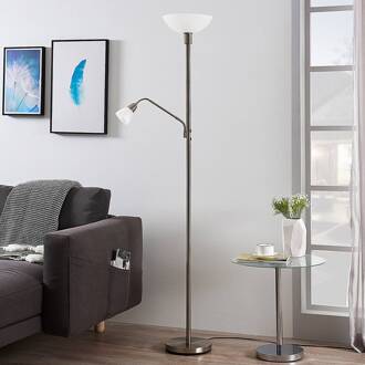 uplighter Jost, 180 cm, nikkelkleurig, leeslampje satijn nikkel, mat wit