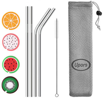 UPORS 215*6mm Metal Drinking Straws Eco Friendly Stainless Steel Straws with Silicone Maintainer Tips Reusable Straw Brush Pouch