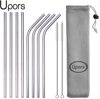 UPORS Reusable Drinking Straw 304 Stainless Steel Straws Straight Bent Metal Straw with Cleaner Brush Pouch Wholesale