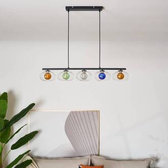 Uranus hanglamp, kleurrijk, lengte 98 cm, 5-lamps, glas amber, groen, rookgrijs, blauw