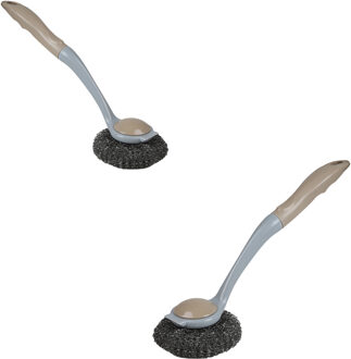 Urban Living Afwasborstel met pannen schuurspons - 2x - kunststof - beige - ophang lus - Afwas borstel