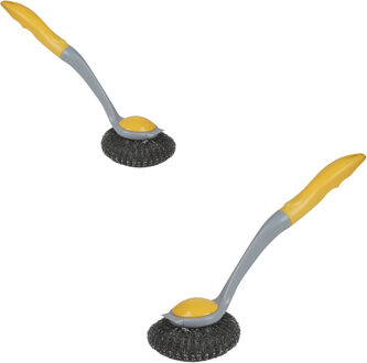 Urban Living Afwasborstel met pannen schuurspons - 2x - kunststof - geel - ophang lus - Afwas borstel