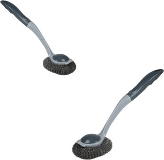 Urban Living Afwasborstel met pannen schuurspons - 2x - kunststof - grijs - ophang lus - Afwas borstel
