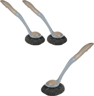 Urban Living Afwasborstel met pannen schuurspons - 3x - kunststof - beige - ophang lus - Afwas borstel