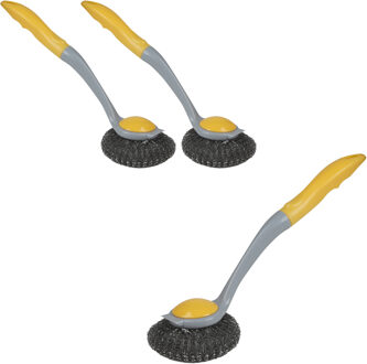 Urban Living Afwasborstel met pannen schuurspons - 3x - kunststof - geel - ophang lus - Afwas borstel