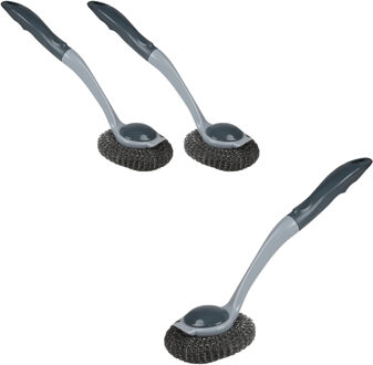 Urban Living Afwasborstel met pannen schuurspons - 3x - kunststof - grijs - ophang lus - Afwas borstel