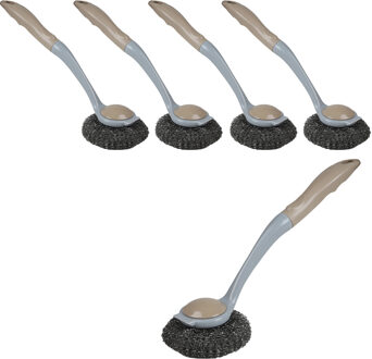 Urban Living Afwasborstel met pannen schuurspons - 5x - kunststof - beige - ophang lus - Afwas borstel