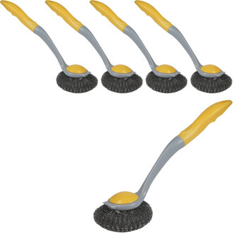 Urban Living Afwasborstel met pannen schuurspons - 5x - kunststof - geel - ophang lus - Afwas borstel