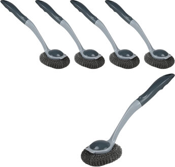 Urban Living Afwasborstel met pannen schuurspons - 5x - kunststof - grijs - ophang lus - Afwas borstel