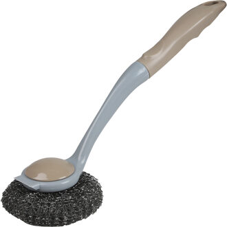 Urban Living Afwasborstel met pannen schuurspons - kunststof - beige - ophang lus - Afwas borstel