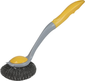 Urban Living Afwasborstel met pannen schuurspons - kunststof - geel - ophang lus - Afwas borstel