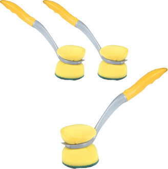 Urban Living Afwasborstel met schuurspons - 3x - kunststof - geel - ophang lus - Afwas borstel