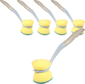 Urban Living Afwasborstel met schuurspons - 5x - kunststof - beige - ophang lus - Afwas borstel