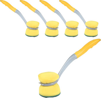 Urban Living Afwasborstel met schuurspons - 5x - kunststof - geel - ophang lus - Afwas borstel