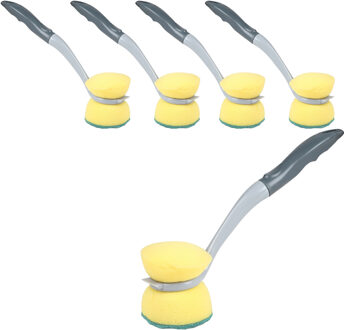 Urban Living Afwasborstel met schuurspons - 5x - kunststof - grijs - ophang lus - Afwas borstel