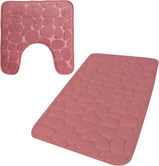 Urban Living badkamer droogloop matjes/tapijt - set 2x stuks - memory foam - oud roze - Badmatjes