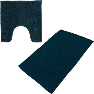 Urban Living badkamer droogloop matjes/tapijt - set 2x stuks - polyester - donkerblauw - Badmatjes