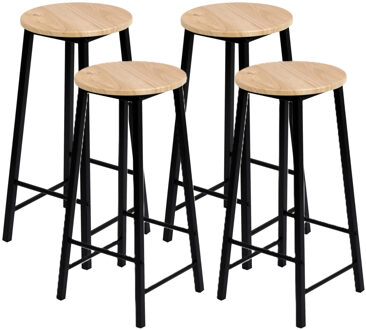 Urban Living Barkrukken set van 4x stuks - zwart/beige - metaal/hout - D30 x H70 cm