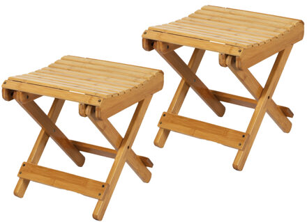 Urban Living Bijzet krukje/stoel - 2x - Inklapbaar - lichtbruin - vouwkruk - bamboe - 28 x 31 cm