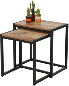 Urban Living Bijzettafels/plantenstandaard 2-delig - zwart - metaal/hout - L44 x B30 x H45 en L38 x B30 x H40 cm