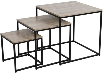 Urban Living Bijzettafels/salontafels Loft - set van 3 - zwart - metaal/hout - vierkant - Koffietafels