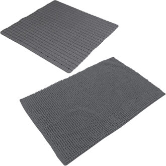 Urban Living Douche anti-slip en droogloop mat/tapijt - badkamer set - rubber/polyester - antraciet - Badmatjes Grijs