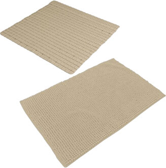 Urban Living Douche anti-slip en droogloop mat/tapijt - badkamer set - rubber/polyester - beige