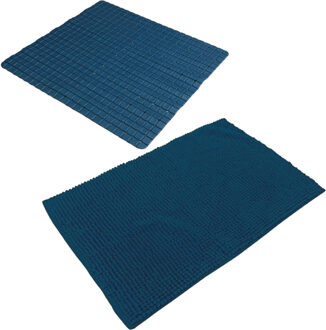 Urban Living Douche anti-slip en droogloop mat/tapijt - badkamer set - rubber/polyester - donkerblauw - Badmatjes