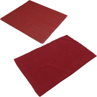 Urban Living Douche anti-slip en droogloop mat/tapijt - badkamer set - rubber/polyester - donkerrood - Badmatjes