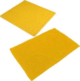 Urban Living Douche anti-slip en droogloop mat/tapijt - badkamer set - rubber/polyester - okergeel - Badmatjes